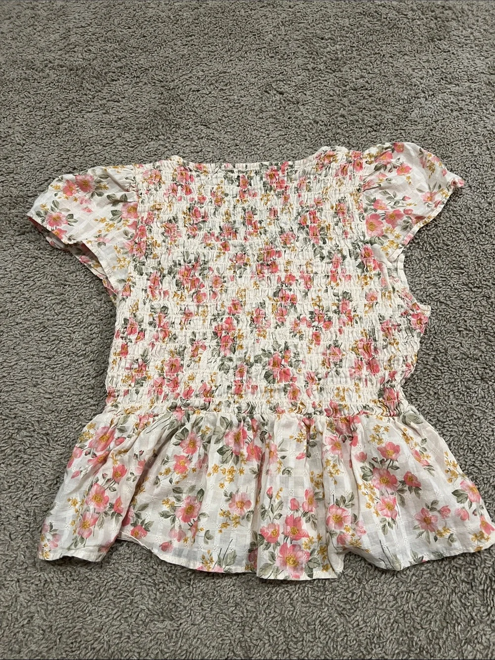 American Eagle Outfitters White Floral Print Smocked V-Neck Peplum Top M - Picture 5 of 7